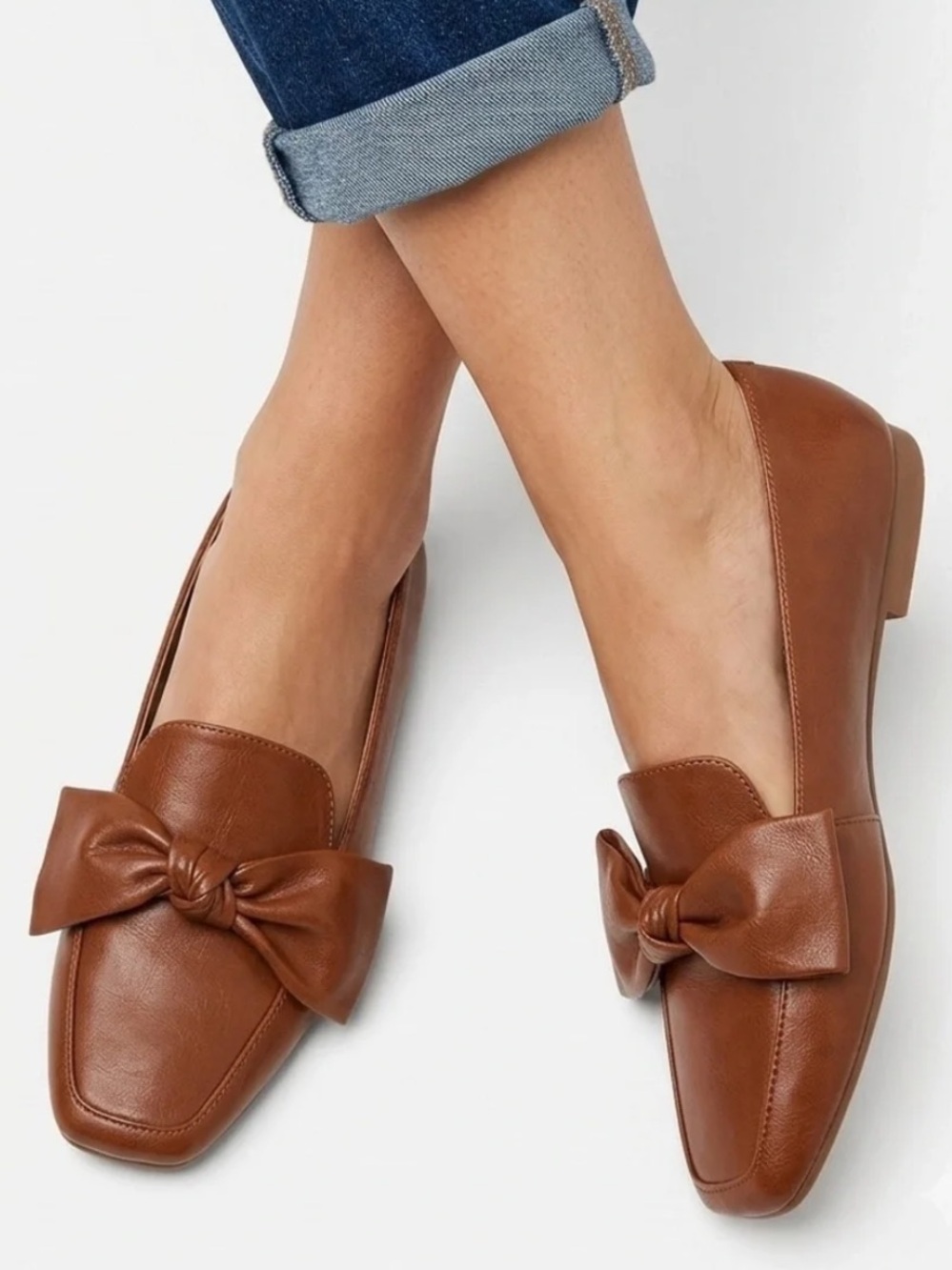 New York & Company Dominica Cognac Brown Bow Loafers Square Toe - Size 8.5 NWOB